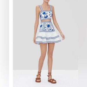Alexis Blue Embroidered Olva Matching Skirt Crop Top Set - XS - Blue & White